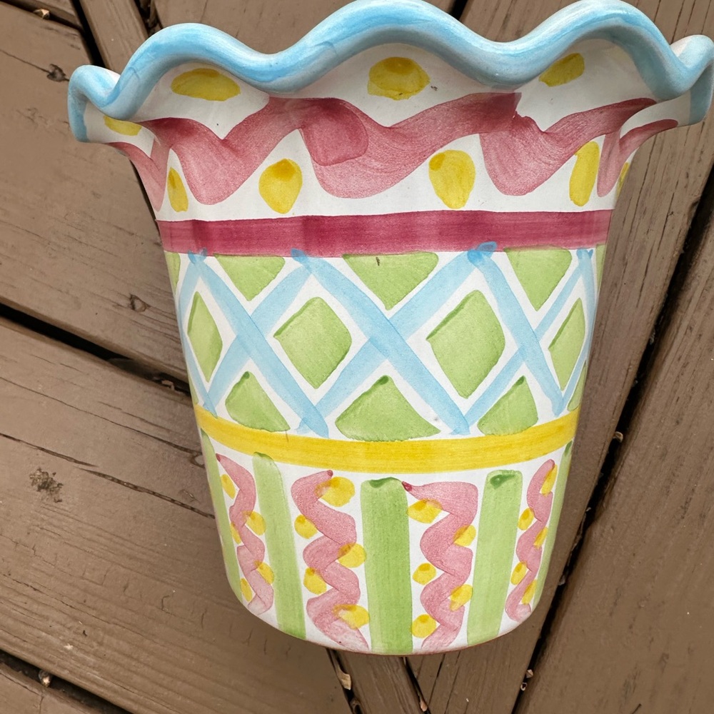 MacKenzie-Childs Multicolor Ceramic garden pot 7” tall 8” wide at